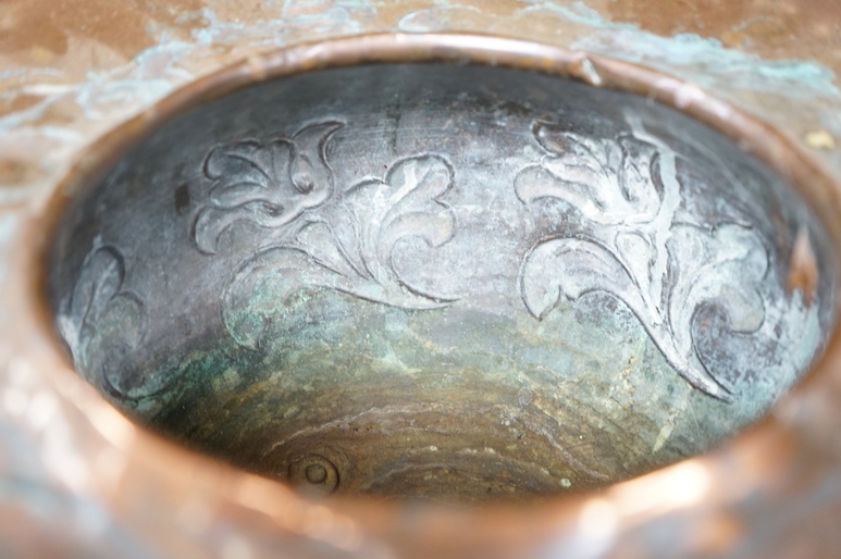 A Benham & Froud copper and brass jardiniere designed by Christopher Dresser, height 15.5cm, width 25.5cm. Condition - Verdigris around the rim, some oxidisation spotting and minor dents